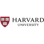 Harvard University logo featuring a red shield with a white book emblem and the text "Harvard University" in black beside it.